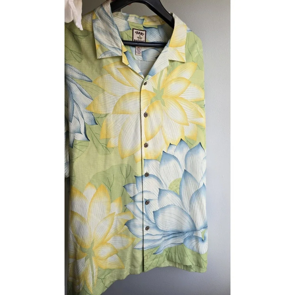 Tommy Bahama 100% Silk Hawaiian Shirt Mens XXL Green Floral Camp Collar Tropical